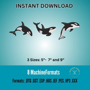 Killer whales embroidery Design, Orca embroidery File, Sea life Embroidery Design, Sea creatures embroidery design, Whale Embroidery Files