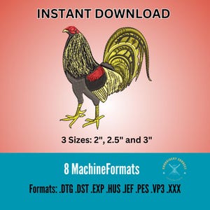 Rooster embroidery design, Gallo Giro Machine embroidery, Gallo de pelea bordado, Embroidery Patch,