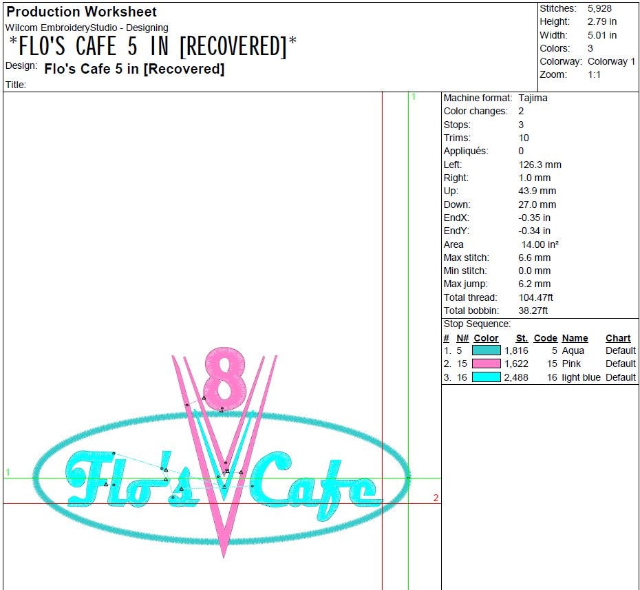 Flo's Cafe, Flo's Cafe Logo, Pixar' Car's Movie, Digital Embroidery ...