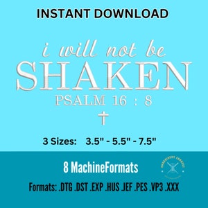 I Will Not Be Shaken Embroidery Design, Religious Embroidery Design, Christian Embroidery File, Machine Embroidery, Faith Embroidery