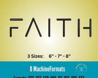 Könnte beinhalten: Schwarzweißes Stickmuster des Wortes "FAITH" in einer einfachen, modernen Schriftart. Das Design ist in drei Größen erhältlich: 15 cm, 18 cm und 20 cm. Acht Stickmaschinenformate sind enthalten: DTG, DST, EXP, HUS, JEF, PES, VP3 und XXX.