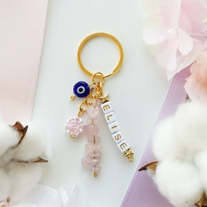 Best Seller, Personalised Crystal Keyring, Valentines gift, Baptism Gift, Custom gift, Rose Quartz, Name, Keys, Beads, Pink,Charms,Spiritual