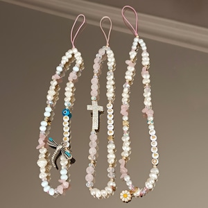 Rose Quartz Gemstone Phone Strap, Healing Crystal Beads Phone Charm, Baptism Gift, Custom gift, Pearl Beaded Phone Chain, Valentines gift