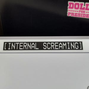 May include: A white sign with the text "[INTERNAL SCREAMING]" in black, pixelated font. Above the sign is a black surface with a pink and white sticker that says "DOLLY FOR PRESIDENT".