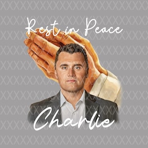 May include: A digital illustration featuring a portrait of a man with the text "Rest in Peace Charlie." The image includes a pair of praying hands in the background, set against a gray patterned backdrop.