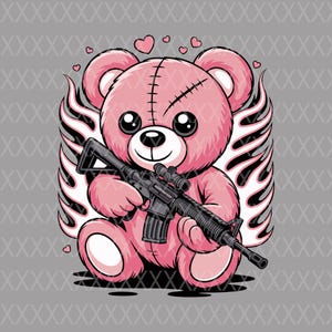 May include: A pink teddy bear illustration holding a black rifle with a scope. The bear has stitched details, hearts, and white and black flame-like wings. The background is grey with a repeating X pattern.