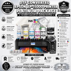 May include: A DTF converted Epson XP-15000 printer platinum package including a black printer, bottles of cyan, magenta, yellow, black, and white ink, DTF transfer film, powder adhesive, cleaning cartridges, syringes, and an external waste tank.