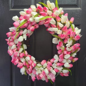 Pink & White Tulip Wreath – Spring Front Door Wreath, Easter Wreath, Floral Home Decor, Summer Door Wreath, Handmade Tulip Decor