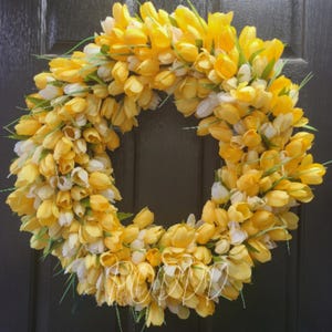 Spring Tulip Wreath – Handmade Yellow & White Tulip Door Wreath, Easter, Everyday,  Summer, Front Door Floral Wreath, Farmhouse Home Decor