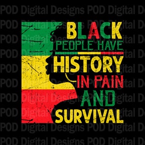 May include: Black silhouette of a woman with a green, yellow, and red background. The text reads "Black People Have History In Pain And Survival".