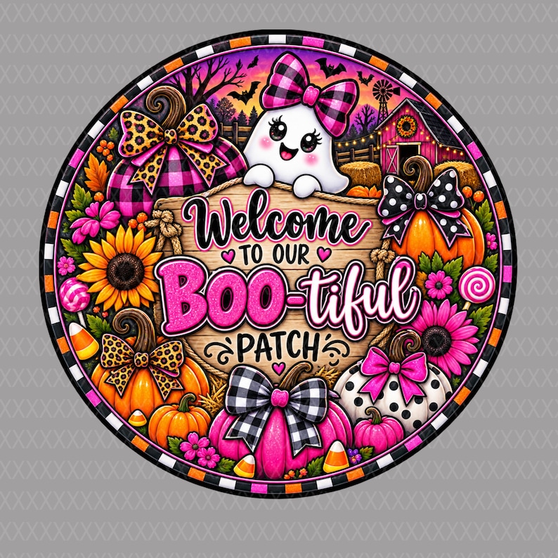 May include: A circular sign featuring a wooden board with the text Welcome to our BOO-tiful PATCH. The design includes a white ghost with a pink plaid bow, various pumpkins with leopard, polka dot, and plaid bows, sunflowers, and a barn.