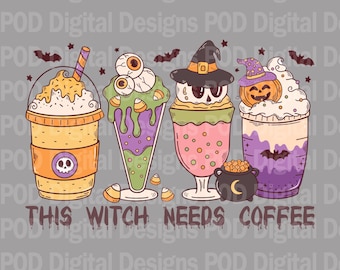 Halloween Witch Coffee PNG: Spooky Digital Art (Transparent Background)