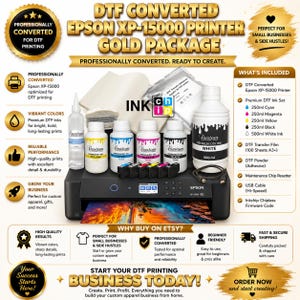 Pode incluir: Uma impressora Epson XP-15000 preta convertida para impressão DTF, incluindo frascos de 250ml de tinta ciano, magenta, amarela e preta, um frasco de 500ml de tinta branca, filme de transferência DTF, pó adesivo e cabo USB.