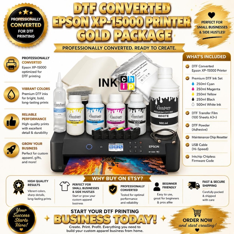 Pu&ograve; includere: Una stampante Epson XP-15000 nera convertita per la stampa DTF, che include flaconi da 250ml di inchiostro ciano, magenta, giallo e nero, un flacone da 500ml di inchiostro bianco, pellicola di trasferimento DTF, polvere adesiva e cavo USB.