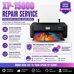 Pode incluir: Uma impressora Epson XP-15000 preta com uma impressão de paisagem colorida saindo da bandeja. O gráfico inclui texto detalhando serviços de reparo, diagnóstico especializado, peças de qualidade e política de substituição.
