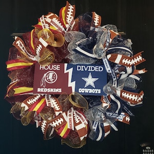 House Divided Football Wreath – Custom Split-Team Door Decor with Coordinating Sign & Ribbons