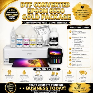 Pode incluir: Uma impressora Epson EcoTank 8550 branca convertida para impressão DTF, acompanhada por um conjunto de frascos de tinta ciano, magenta, amarelo, preto e branco, solução de limpeza, pó adesivo DTF e folhas de filme de transferência A3+.