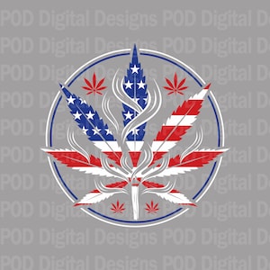 May include: A graphic design featuring a cannabis leaf with a red, white, and blue American flag design. The leaf is surrounded by a white and blue circle, with smoke-like swirls and small red cannabis leaves. The background is a solid gray.