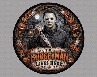 UV Printed Wreath, Masked Slasher Round | Acrylic | Haddonfield Door Decor, Creepy Halloween Scene