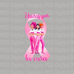 May include: Three women stand together in front of a large pink ribbon with the text "Unidas por la cura" in pink. The women are wearing pink pants and shirts and have their arms crossed. The ribbon is a symbol of breast cancer awareness.