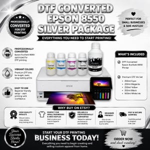 Pode incluir: Um pacote prateado de impressora Epson 8550 convertida para DTF, incluindo uma impressora branca, quatro frascos de tinta de 250 ml em amarelo, ciano, magenta e preto, e um frasco de tinta branca de 500 ml. O gráfico exibe detalhes em texto.