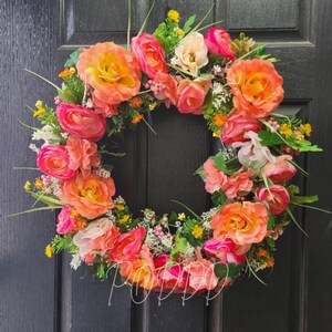 Spring/Summer Mixed Flower Wreath – Vibrant mixed hues of coral and pink spring flowers,  Front Door, Floral Wreath, Door Hanger