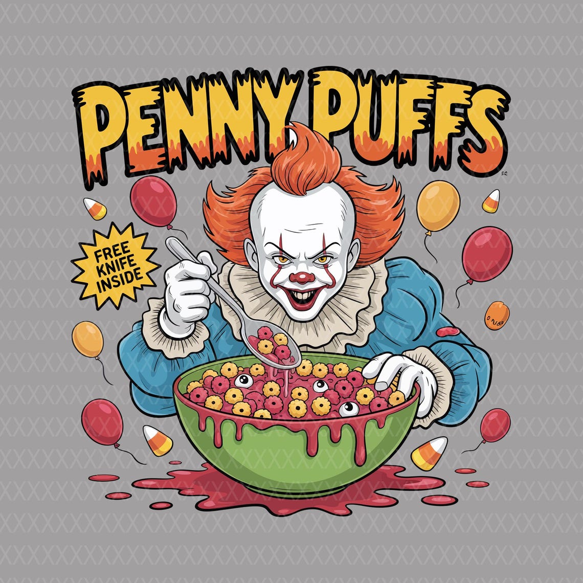 Creepy Clown Cereal Horror Art PNG: Penny Puffs, Halloween (digital ...