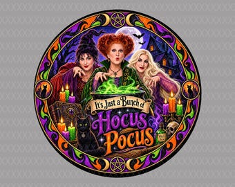UV Printed Wreath | Hocus Pocus Round Centerpiece, Purple Orange Green Black - Witch Door Sign