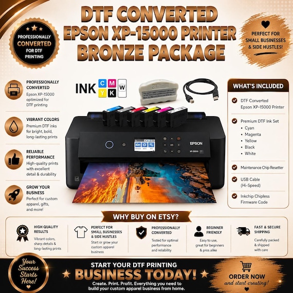 DTF Printer Bundle | Epson XP-15000 Bronze Package - Chipless Firmware, CMYK White Ink Set