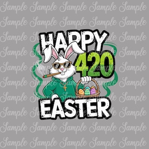 Op de afbeelding: Grafisch ontwerp met een witte konijn met een zonnebril en een groene hoodie, die een sigaar rookt en een mand met paaseieren vasthoudt. De tekst luidt "HAPPY 420 EASTER" in een vetgedrukte lettertype met een groen en zwart kleurenschema.