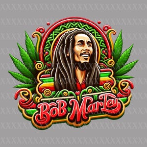 Puede incluir: Gráfico colorido de Bob Marley con rastas, sonriendo, rodeado de hojas de cannabis verdes. El diseño incorpora elementos rojos, amarillos y verdes, con el nombre "Bob Marley" en una fuente estilizada.