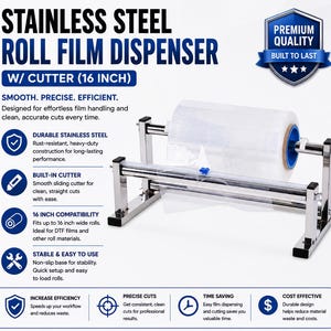 Pode incluir: Um dispensador de filme em rolo de aço inoxidável com cortador integrado para rolos de 40,64 cm de largura. O dispositivo possui uma estrutura metálica, uma haste horizontal para segurar o rolo e um mecanismo de corte deslizante para cortes retos.