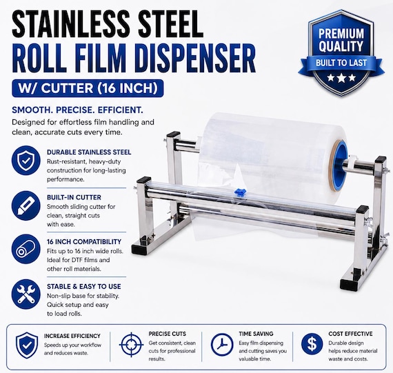 Stainless Steel DTF Film Roll Dispenser Cutter 16 Inch Transfer Film Holder