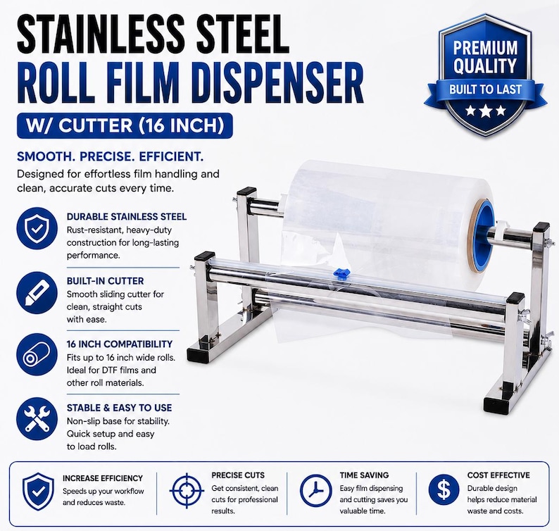 Peut inclure: Un distributeur de film en acier inoxydable avec coupeur int&eacute;gr&eacute; pour des rouleaux de 40,64 cm de large. L'appareil dispose d'un cadre m&eacute;tallique, d'une tige horizontale pour maintenir le rouleau et d'un m&eacute;canisme de coupe coulissant.