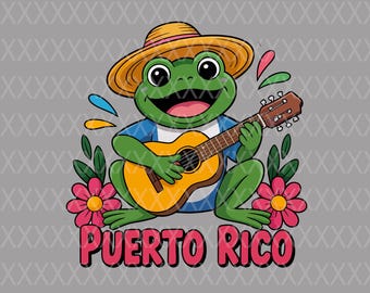 Puerto Rico Coqui Frog PNG, Tropical Guitar Music Island Pride Digital Download