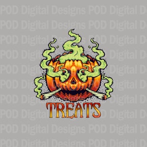 May include: A cartoon illustration of a jack-o'-lantern with green smoke coming out of its eyes and nose. The jack-o'-lantern is holding two marijuana joints in its hands. The text "TREATS" is written below the jack-o'-lantern.