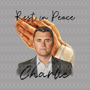May include: Illustration featuring a man in a suit with the text "Rest in Peace" and the name "Charlie". The background includes praying hands and a gray patterned design.
