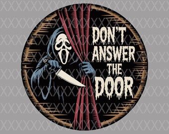 Spooky Sign, Horror Movie Ghost Mask | UV DTF Plaque | Round MDF 9 Inch Display Piece, Ready To Hang