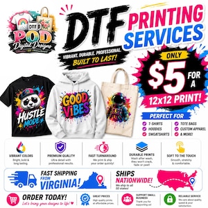 May include: A promotional graphic for DTF printing services featuring a black t-shirt with a panda graphic, a white hoodie with Good Vibes text, and a beige tote bag with an astronaut graphic. The image includes text about 12x12 inch prints.