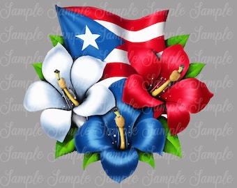 Puerto Rico Flag & Flower PNG: Sublimation/DTF/POD Digital Image