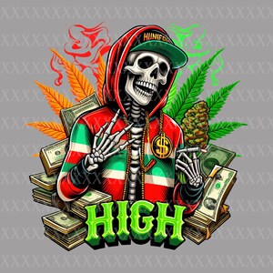 Puede incluir: Ilustración digital de un esqueleto con una sudadera con capucha a rayas rojas, verdes y blancas y una gorra verde con la palabra "HUNIEDIA". El esqueleto sostiene un cigarrillo encendido y un colgante dorado con el símbolo del dólar. También hay montones de dinero y hojas de cannabis, con la palabra "HIGH" en verde.