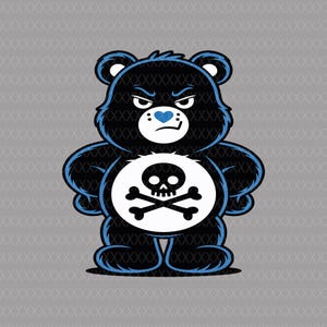 Peut inclure: Illustration d'un ours noir avec des détails bleus. L'ours a une expression fâchée, un cœur bleu sur la poitrine et une tête de mort avec des os croisés sur le ventre. Fond gris.