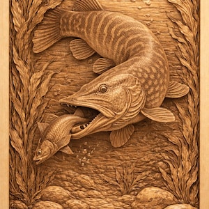 Könnte beinhalten: Detaillierte Holzskulptur eines Fisches unter Wasser, wobei ein größerer Fisch einen kleineren frisst. Das Kunstwerk ist gerahmt und zeigt Wasserpflanzen und Felsen, alles in Brauntönen dargestellt.