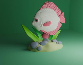 Pesce disco stampabile in 3D con supporto – Decorazione per acquario (file STL)