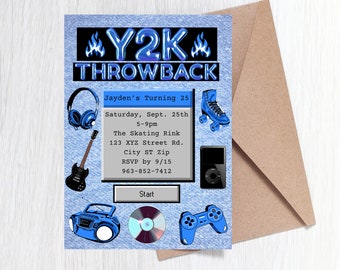 Könnte beinhalten: Eine blaue und weiße Einladung mit dem Text "Y2K Throwback" in Schwarz. Die Einladung ist für eine Party zur Feier eines Geburtstages. Die Einladung enthält Details zur Party, einschließlich Datum, Uhrzeit, Ort und RSVP-Informationen.