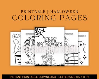Può includere: Cinque pagine da colorare di Halloween stampabili in bianco e nero. Le pagine presentano un fantasma, uno spaventapasseri, una mummia, un albero inquietante e un secchiello di caramelle. Il testo "Happy Halloween" è sulla pagina della mummia. Le pagine sono di formato lettera, 8,5 x 11 pollici.