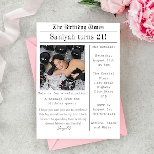 Zeitungs-Geburtstagseinladung | 21. Geburtstag Einladungskarte Digital | Zeitungs-Schlagzeile eines besonderen Anlasses | Ankündigungsfoto Vorlage Canva
