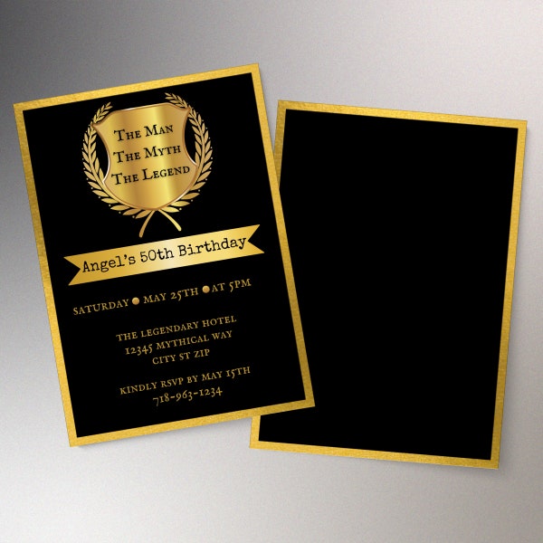 The Man The Myth The Legend Invitation Black and Gold Template | 50th Birthday Party Evite | Legendary Man Event Invite