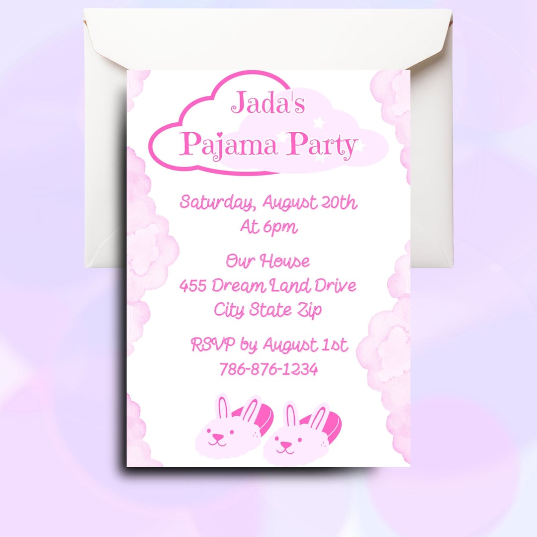 Pajama Party Invite Template With Bunny Slippers and Pink Clouds ...