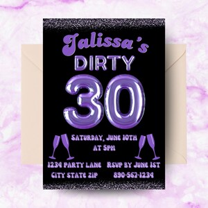 Invitación digital para 30 cumpleaños sucios / Invitación morada para 30 cumpleaños / Dirty 30 Evite / Plantilla editable para fiesta con brillantina Canva / Noche de chicas